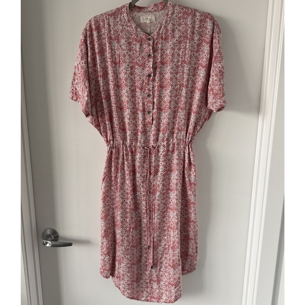 Lou & Grey Floral Shirt Dress Womens Medium Pink White Boho Drawstring‎ Casual